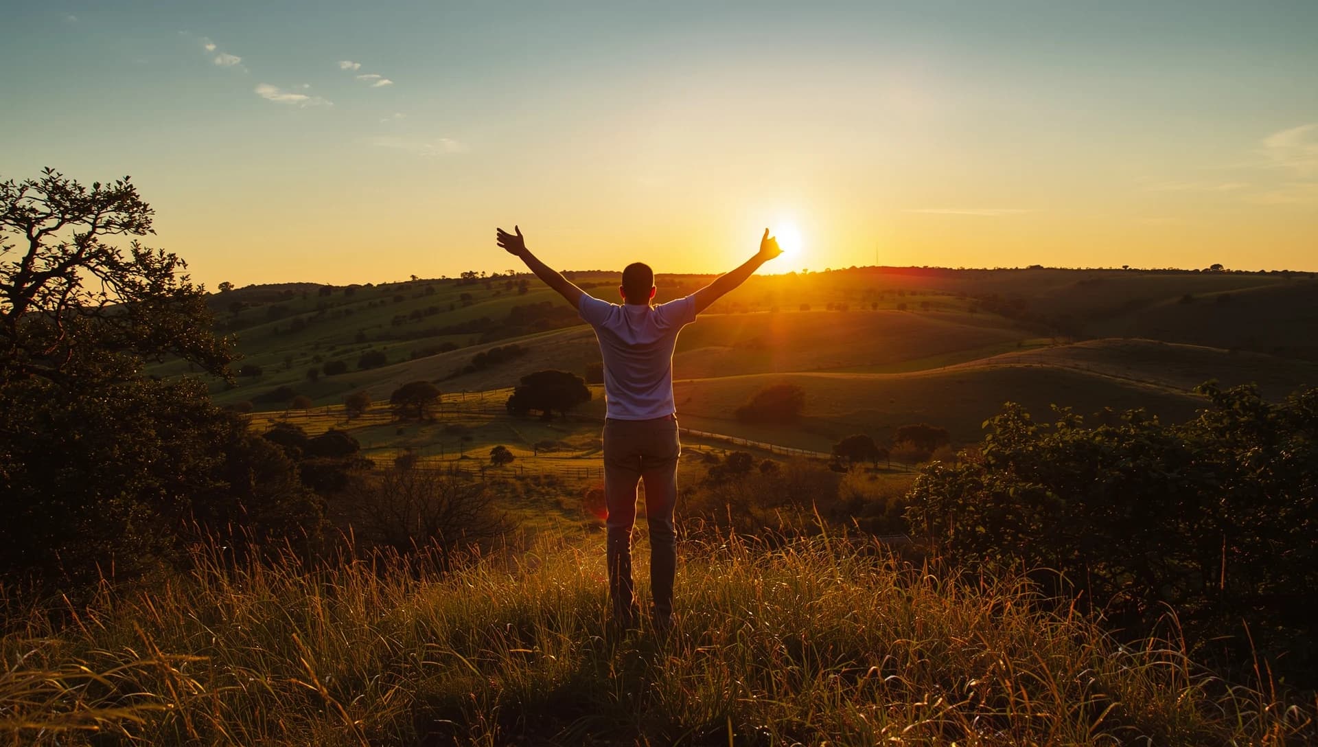 Person embracing freedom and new beginnings in Texas hill country at sunrise